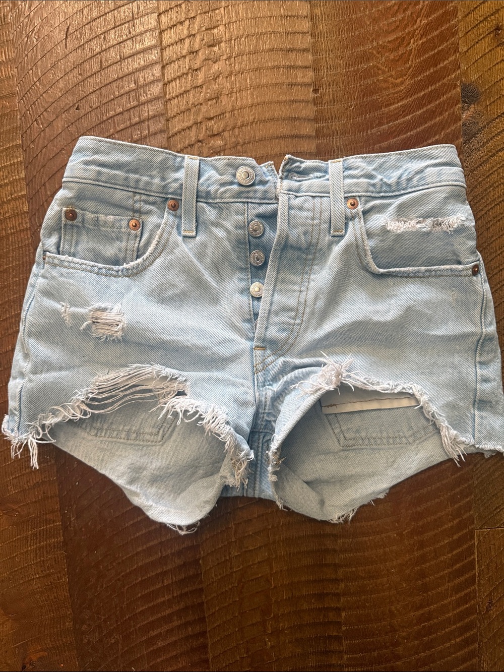 Levi's Light Blue Distressed Button-Fly Denim Shorts 501